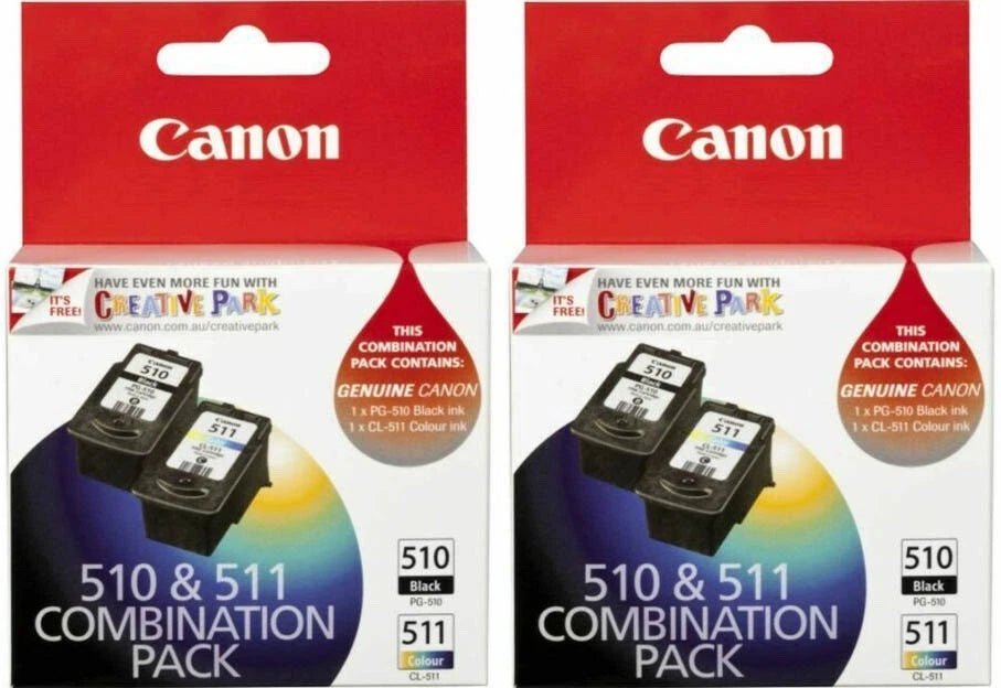TWO CANON 510/511 GENUINE BLACK & COLOUR (4-INK) COMBO.