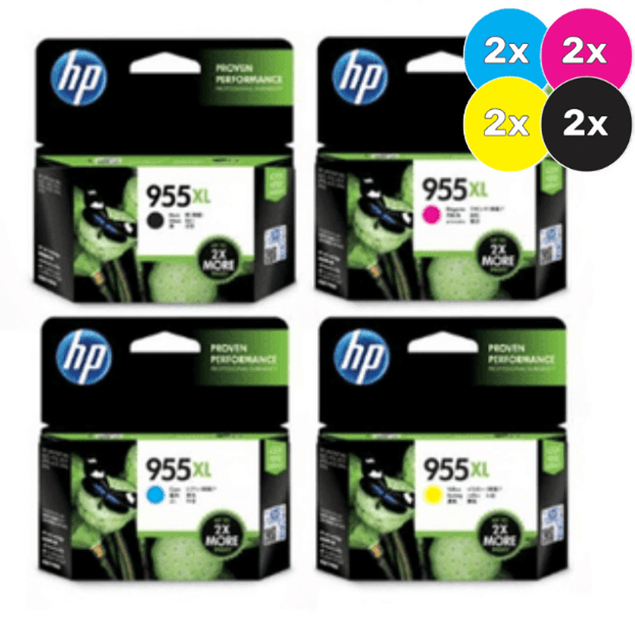 TWO HP 955XL Genuine High Capacity 4-Ink Value Pack (8-Cartridges).