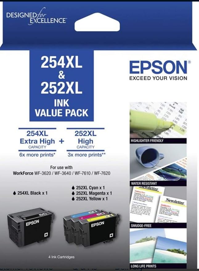 EPSON 254XL/252XL Genuine Extra High-Capacity Black 4-Ink Value Pack.