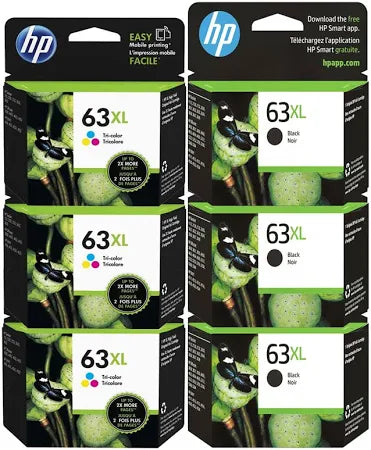 THREE HP 63XL Black & Colour Combos 2-Ink Genuine High Capacity (6 Cartridges).