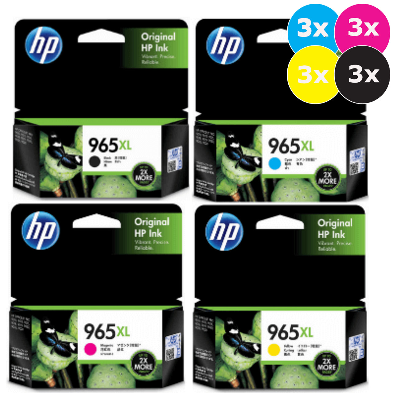 THREE HP 965XL Black & Colours Genuine 4-Ink Value Pack (12 Cartridges).