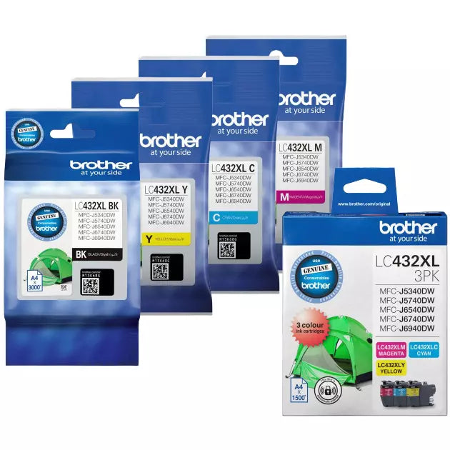 BROTHER LC-432XL GENUINE 7-INK HIGH CAPACITY VALUE PACK 1 BLACK & 6 COLOURS.
