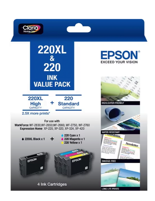 Epson 220XL Black & 3 Standard Colour CMY Genuine 4-Ink Value Pack.