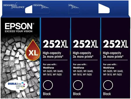 Three Epson 252XL Black Genuine High Capacity Original Inks.