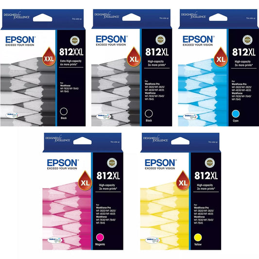 Genuine Epson 812XXL Black Extra-High Capacity & 812XL High Capacity Value Pack. 5-Ink Special.
