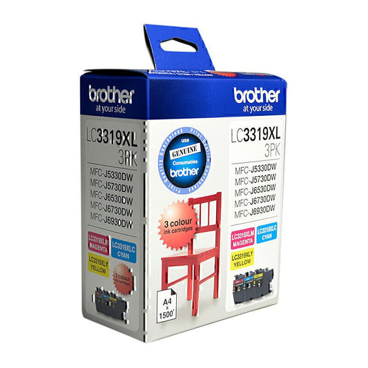 BROTHER LC-3319 XL COLOURS GENUINE 3-INK HIGH CAPACITY VALUE PACK. FREE DELIVERY.