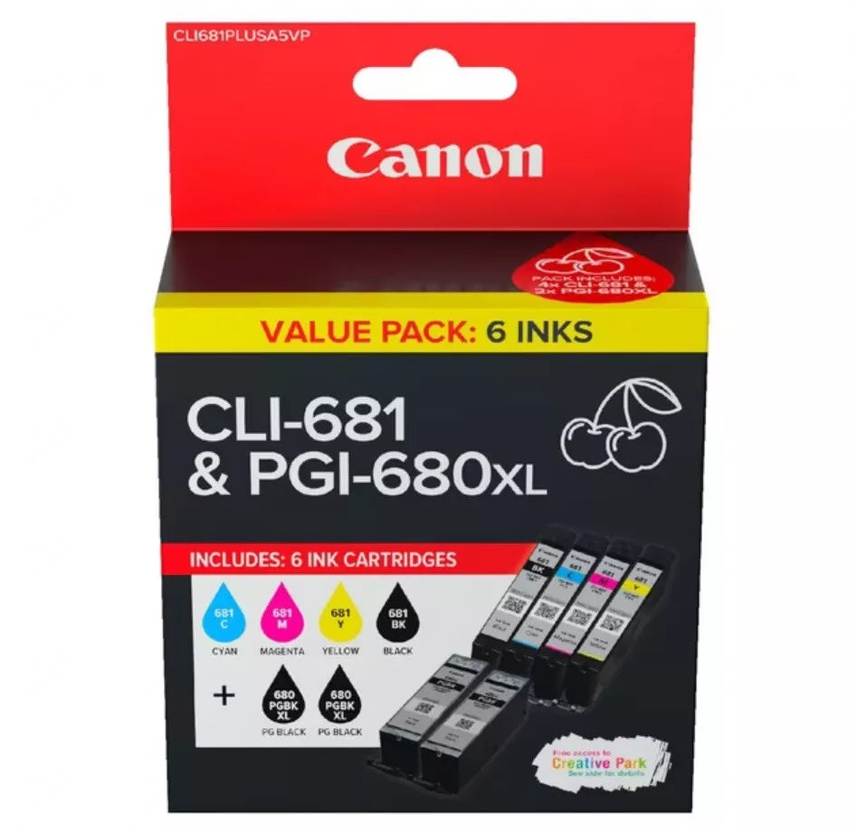 CANON PG-680XL TWIN AND FOUR COLOURS BCMY CLI-681 GENUINE 6-INK VALUE PACK.
