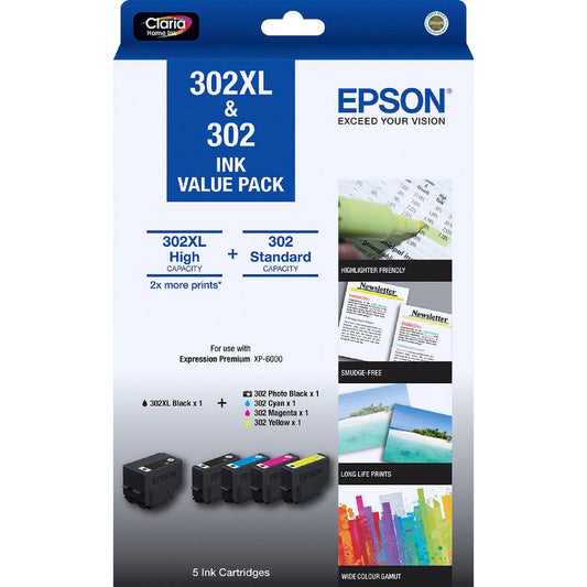 Epson 302XL Black & 302 Cyan, Magenta Photo-Black & Yellow 5-Ink Genuine Value Pack.