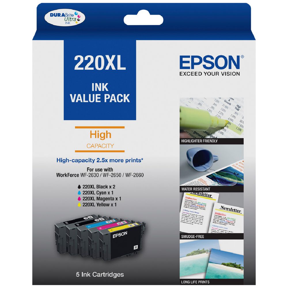 Epson 220XL Genuine High Capacity 5-Ink Value Pack with Extra Black.