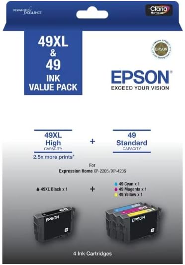 EPSON 49 XL Black + 3 Standard Color Ink Genuine Value Pack