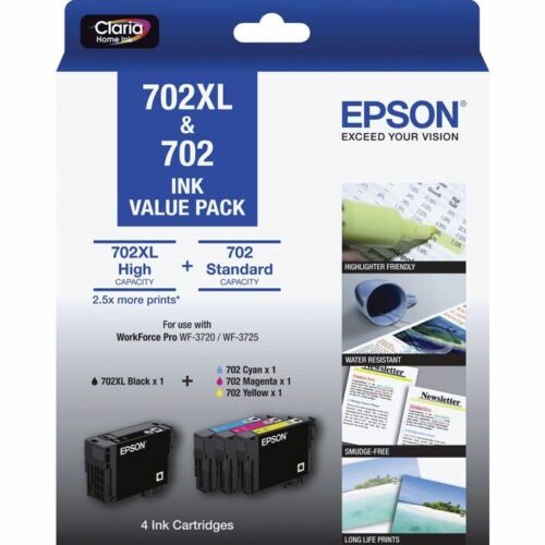 Genuine Epson 702XL Black & 702 Standard Colour (BCMY)5-Ink Value Pack. BONUS BLACK.
