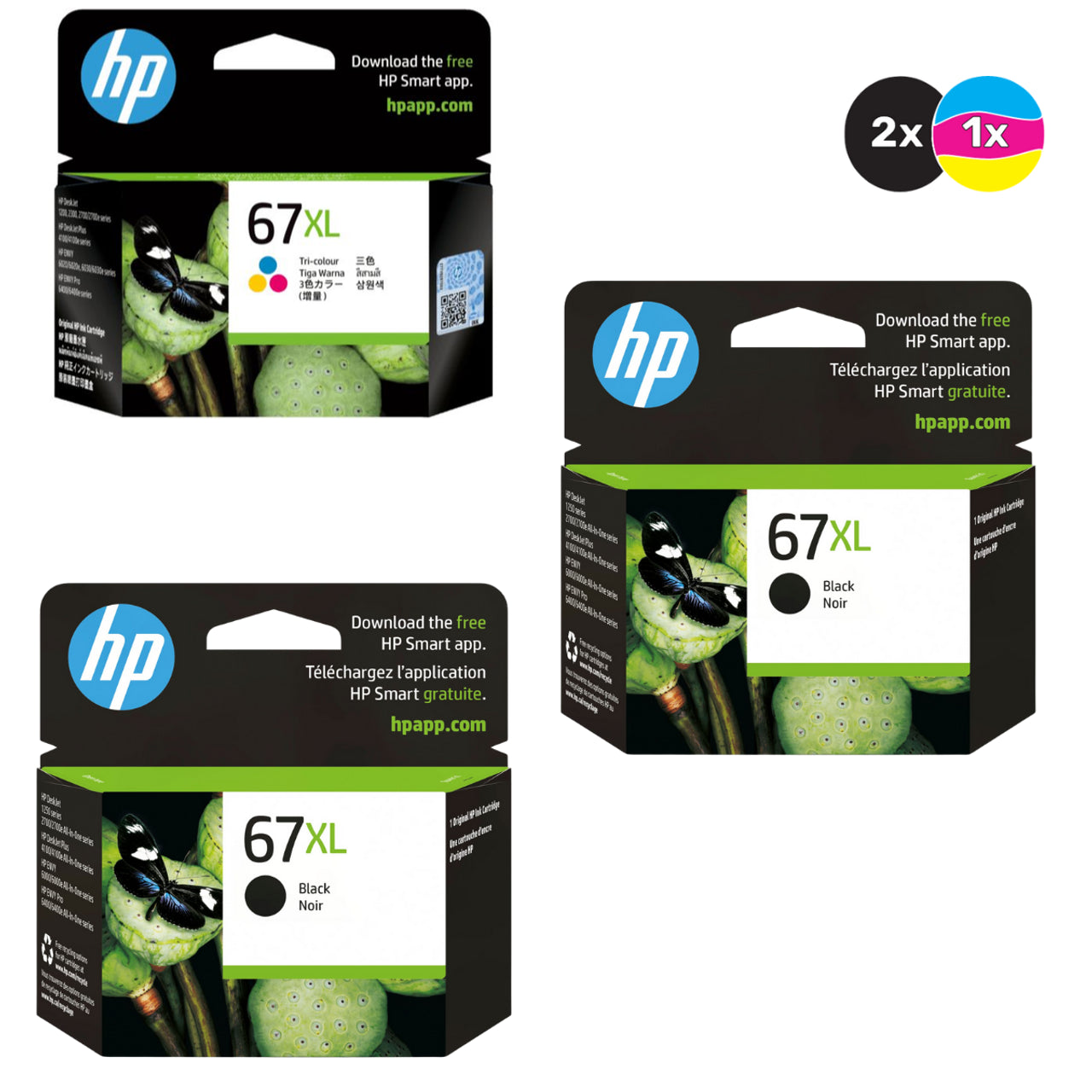 HP 67 XL Genuine High Capacity 3-Ink Value Pack with 2 Blacks & 1 Colour.