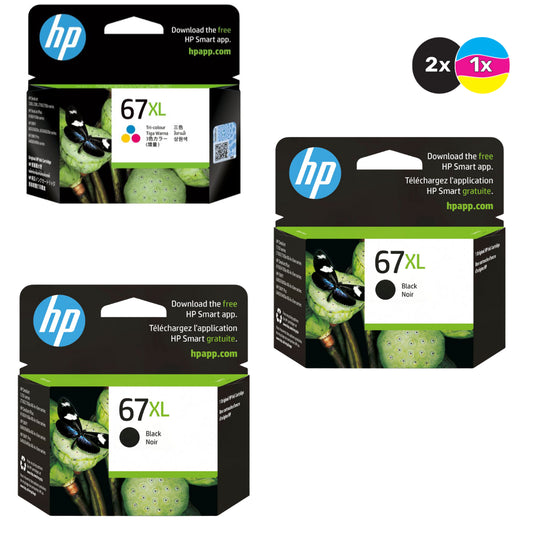 HP 67 XL Genuine High Capacity 3-Ink Value Pack with 2 Blacks & 1 Colour.