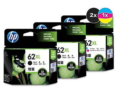HP 62XL Blacks (2) & Colour (1) Genuine 3-Ink Triple Pack.