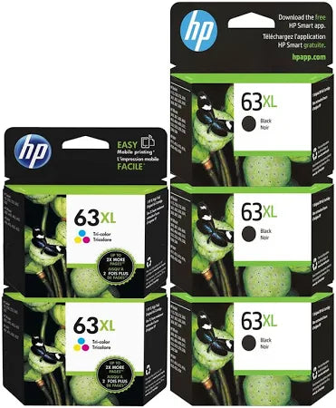 HP63XL Three Blacks & Two Colors Genuine High Capacity 5-Ink Value Pack.