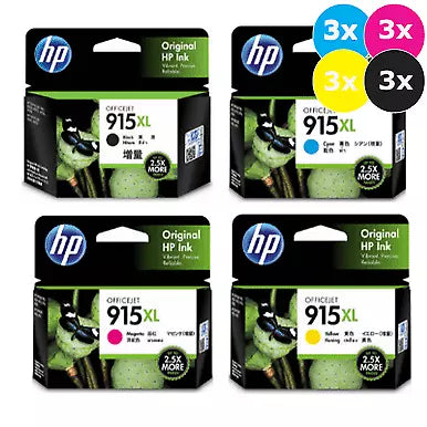 Three HP 915XL Genuine High Capacity 4-Ink Value Packs.