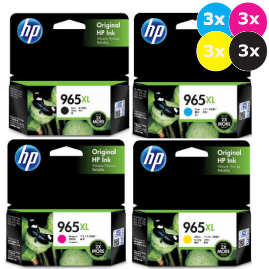 THREE HP 965XL Black & Colours Genuine 4-Ink Value Pack (12 Cartridges).