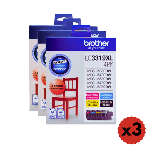 THREE Brother LC-3319XL Genuine 4-Ink Value Pack. FREE DELIVERY.
