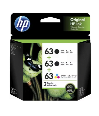HP 63 GENUINE TRIPLE PACK ORIGINAL 2-BLACKS AND 1-COLOUR.