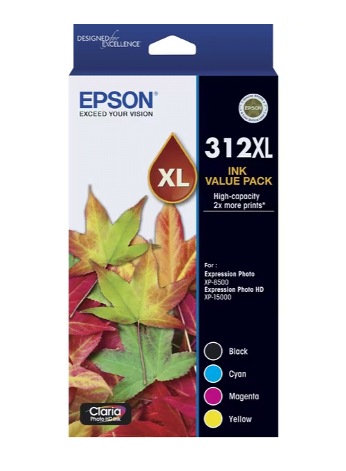 EPSON 312XL GENUINE VALUE PACK ORIGINAL HIGH CAPACITY 4-INK CARTRIDGES.