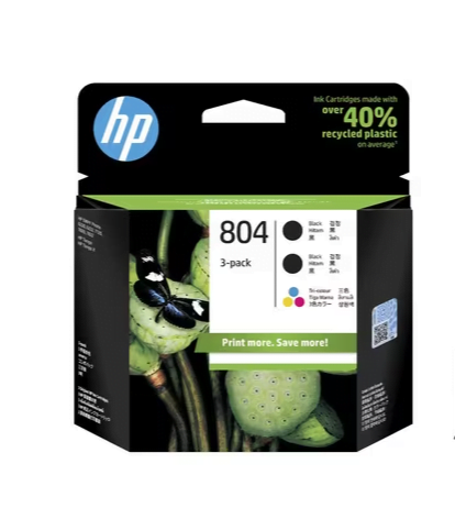 HP 804 GENUINE TRIPLE PACK WITH ORIGINAL 2-BLACKS 1-COLOUR INK.