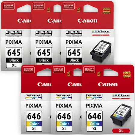 6-Pack Canon PG-645XL (3-Blacks) & CL-645XL (3-Colours) Genuine High Capacity Value Pack.INK