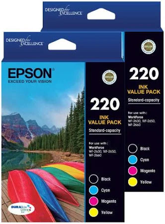 Two Epson 220 Genuine 4-Ink Original Value Packs (8 Cartridges).