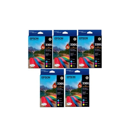 Five Epson 220XL Genuine 4-Ink High Capacity Original Value Packs.