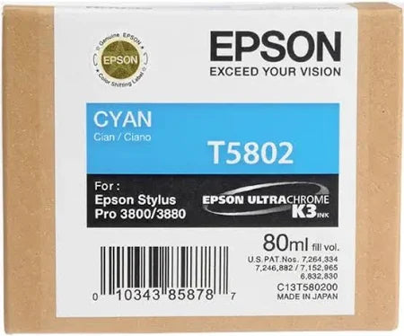 EPSON T5802 CYAN 80ML GENUINE INK CARTRIDGE. NO BOX.