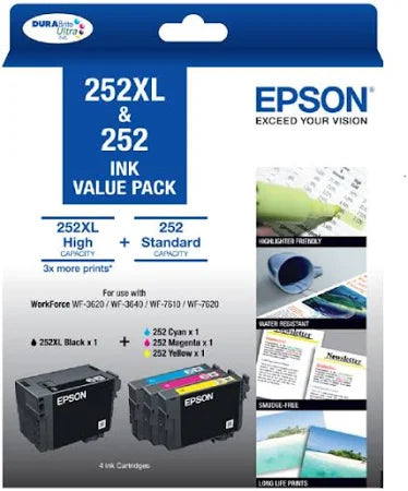 Epson 252XL Black and 252 Standard Colours Genuine 4-Ink Value Pack.