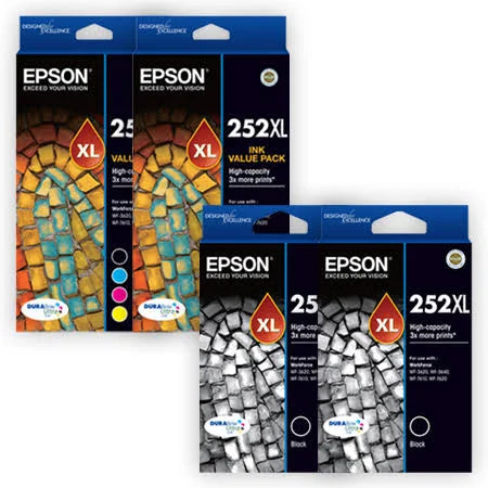 Two Epson 252XL Genuine High Capacity Value Packs with Extra 2 Blacks. (10 Ink Special).