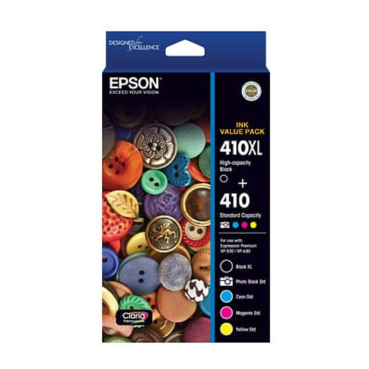 Epson 410XL High Capacity Black & 4 Standard Cartridges Genuine 5-Ink Value Pack.